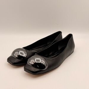 Franco Sarto Black Leather Ballet Flats Silver Toe Cap Womens 7–7.5